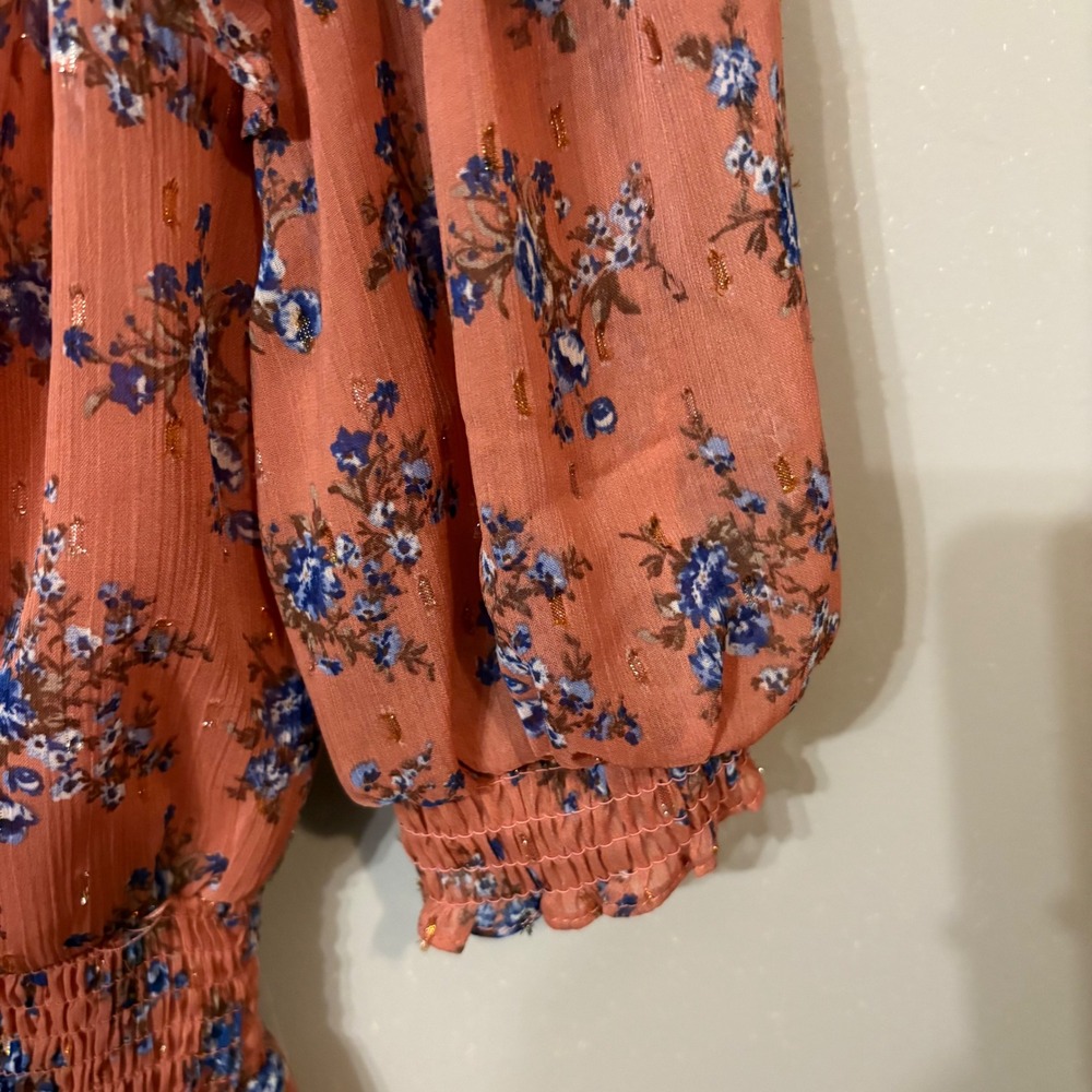 B. Smart Dusty Rose Pink Blue Floral Mini Smocked Ruffle Trim Dress  (Junior‎ 3) - Picture 6 of 7